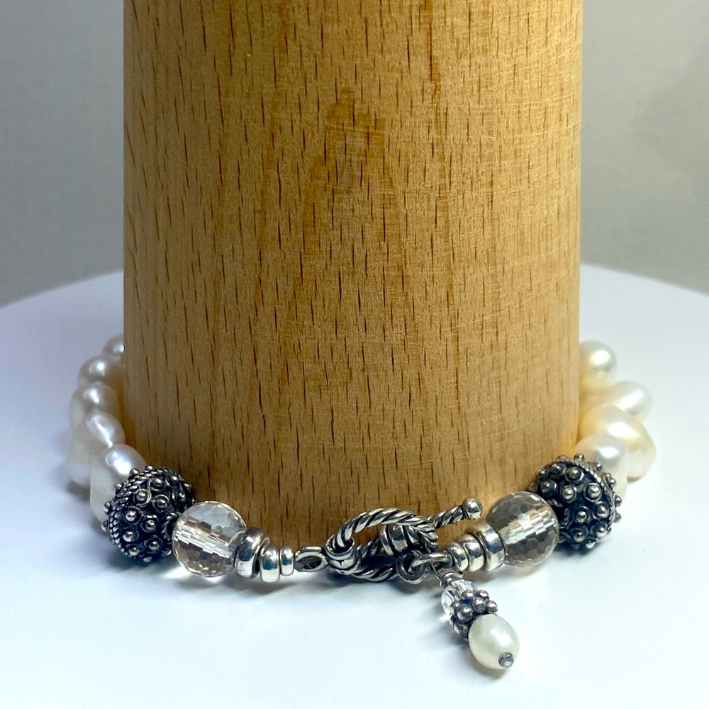 Vintage Sterling Silver - Freshwater Pearl & Crystal Toggle Bracelet w/Charm